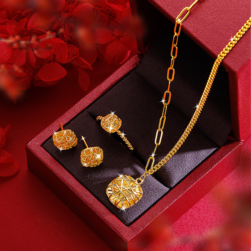 Real 18 K Gold Color Brushed Sugar Necklace Ring Earrings for Women Birthday We image 3
