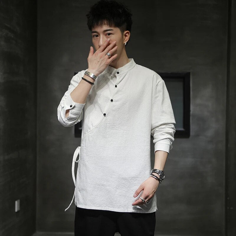 Mens Chinese Style Hemp Shirt Cotton Linen Tang Suit Hanfu Retro Stand-Up Colla image 3