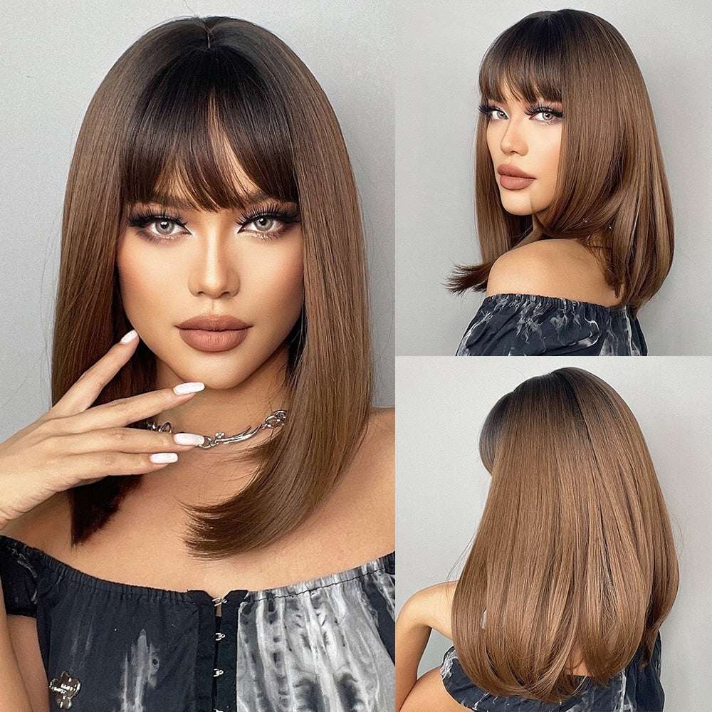 Short Straight Bob Wigs with Bangs Golden Brown Natural Synthetic Hair for Wome image 1