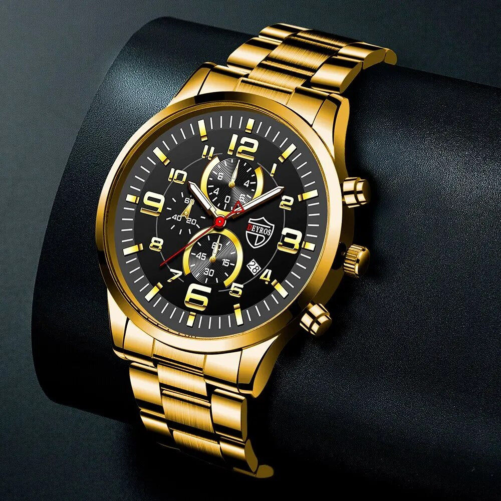 3PCS Fashion Mens Gold Necklace Bracelet Watches Set Men Business Casual Stainl image 5
