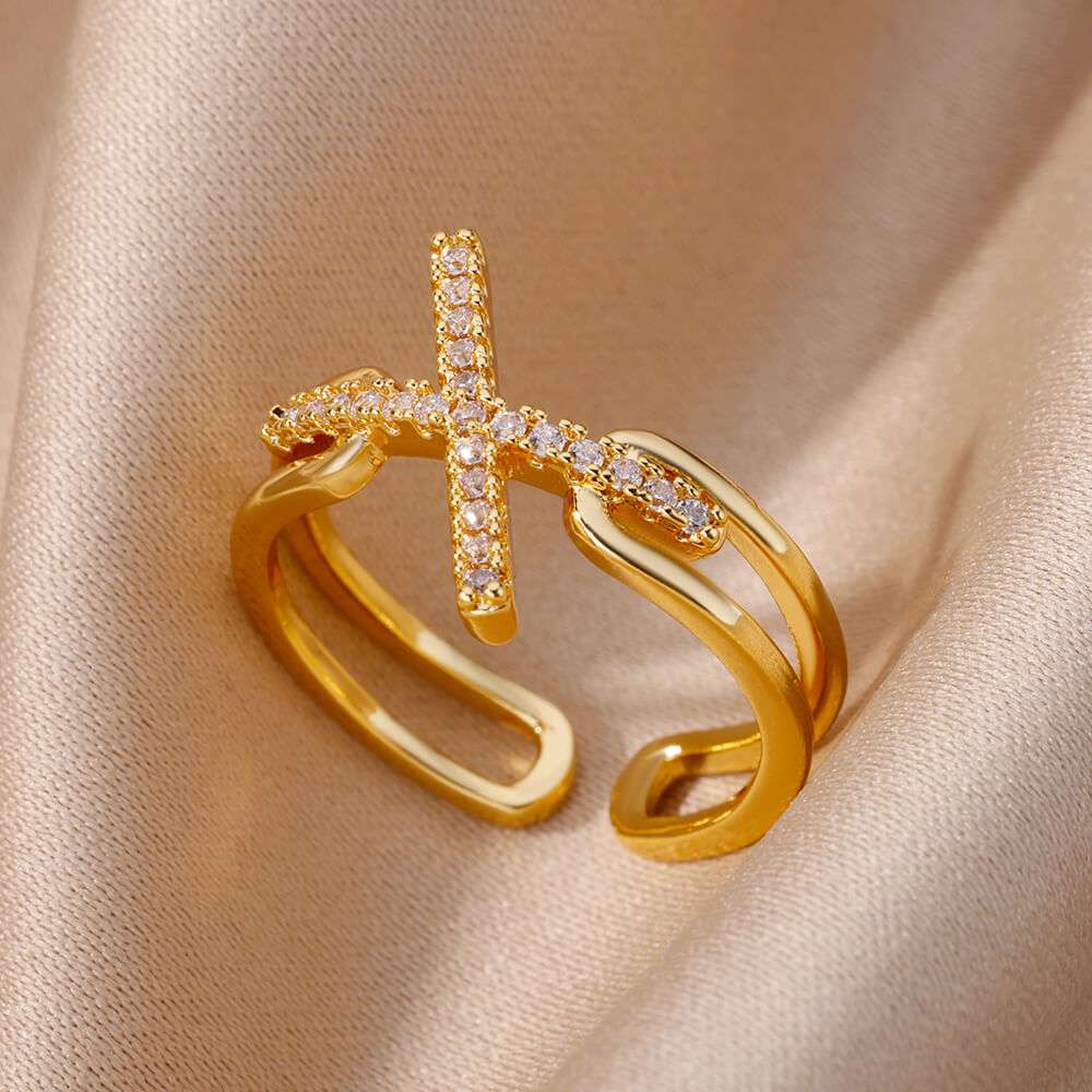 Fashion Gold Color Stainless Steel Rings For Women Chain Hollow Out Crystal Zir image 15