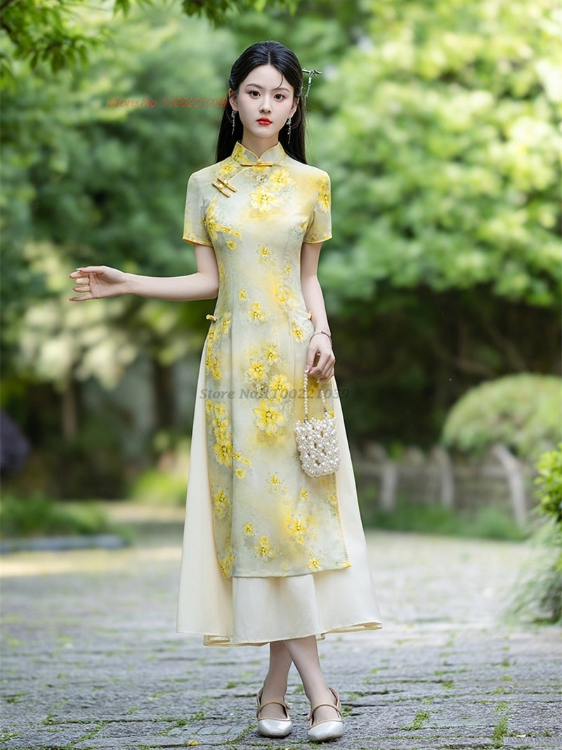 2024 vietnam traditional aodai dress chinese improved qipao national flower pri image 1