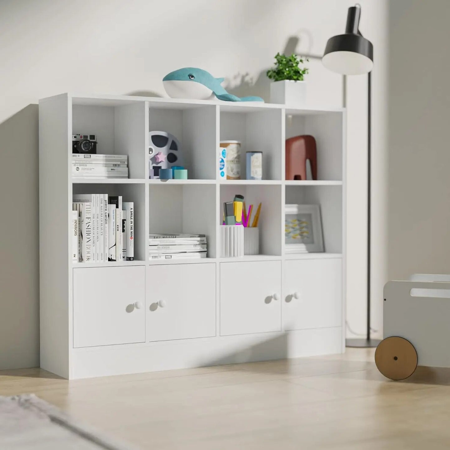 White Bookshelf with 12 Cubes and 4 Doors, 2-Tier Open Shelf Bookcase with Anti image 4