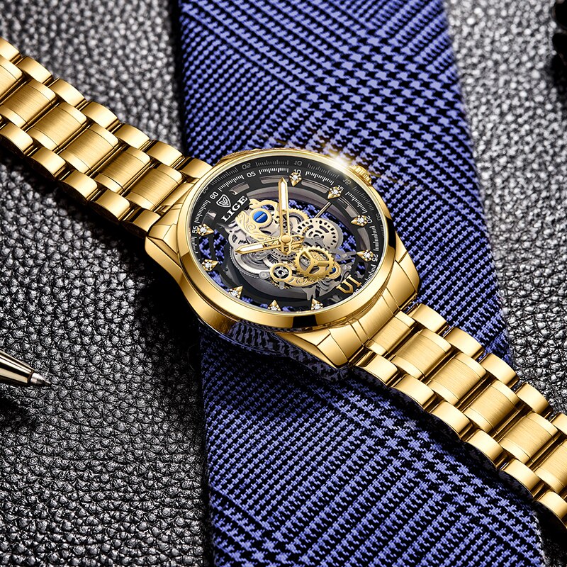 New Men Watch Skeleton Quartz Wristwatch Gold Skeleton Retro Man Watch Top Bran image 8