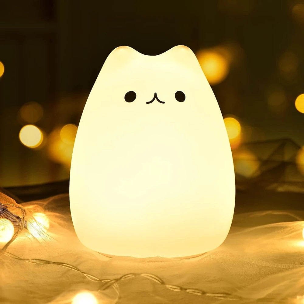 Cute Cat Night Light 7 Colors Silicone Nursery Cat Lamp for Kids Tap Control En image 2