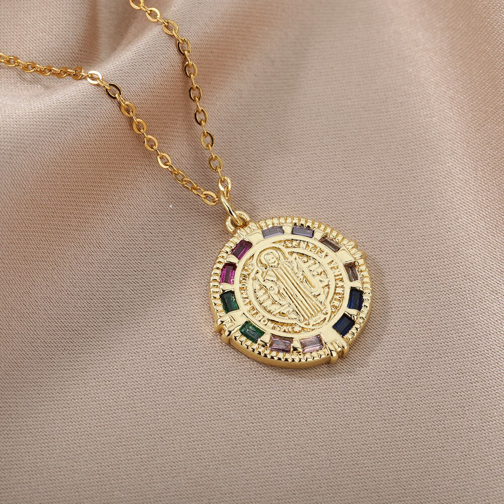Zircon Round Blessed Virgin Mary Necklaces For Women Gold Color Stainless image 1