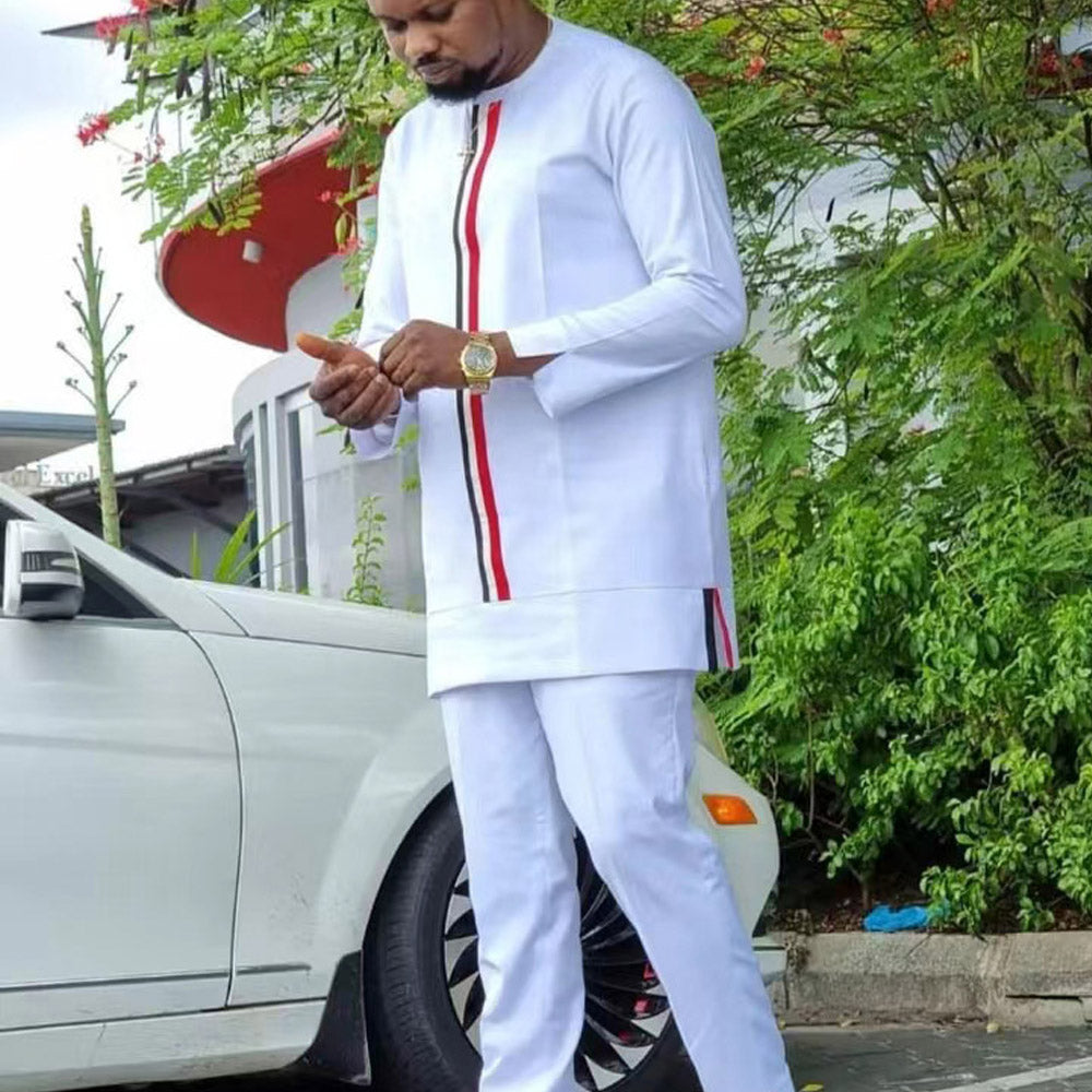 Kaftan African Men's Suit White Long Sleeve Stitching Shirt and Social Pants 2 image 5