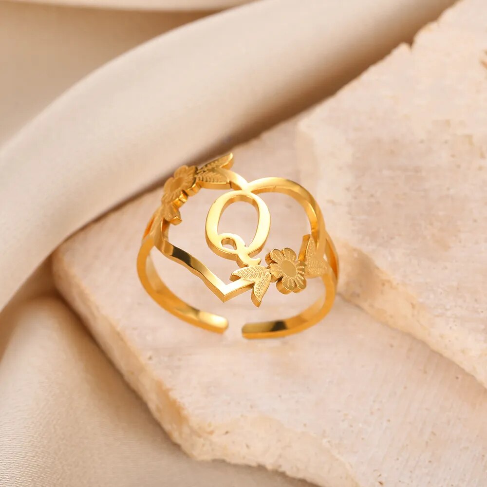 Stainless Steel Initials Flower Heart Rings Gold Color Adjustable Delicate Lett image 14