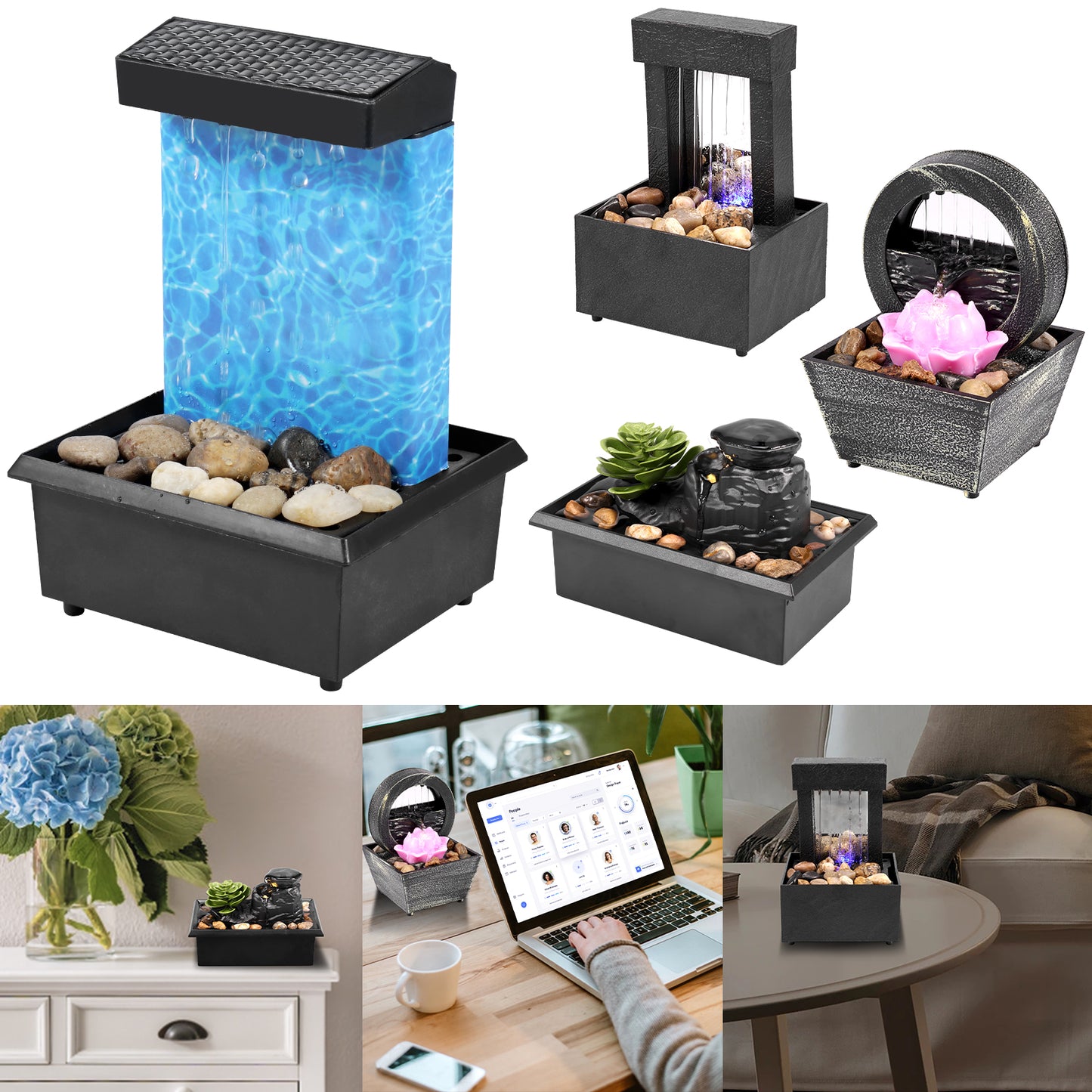 Tabletop Fountain with Light Mini Indoor Water Fountain Feature Zen Meditation image 1