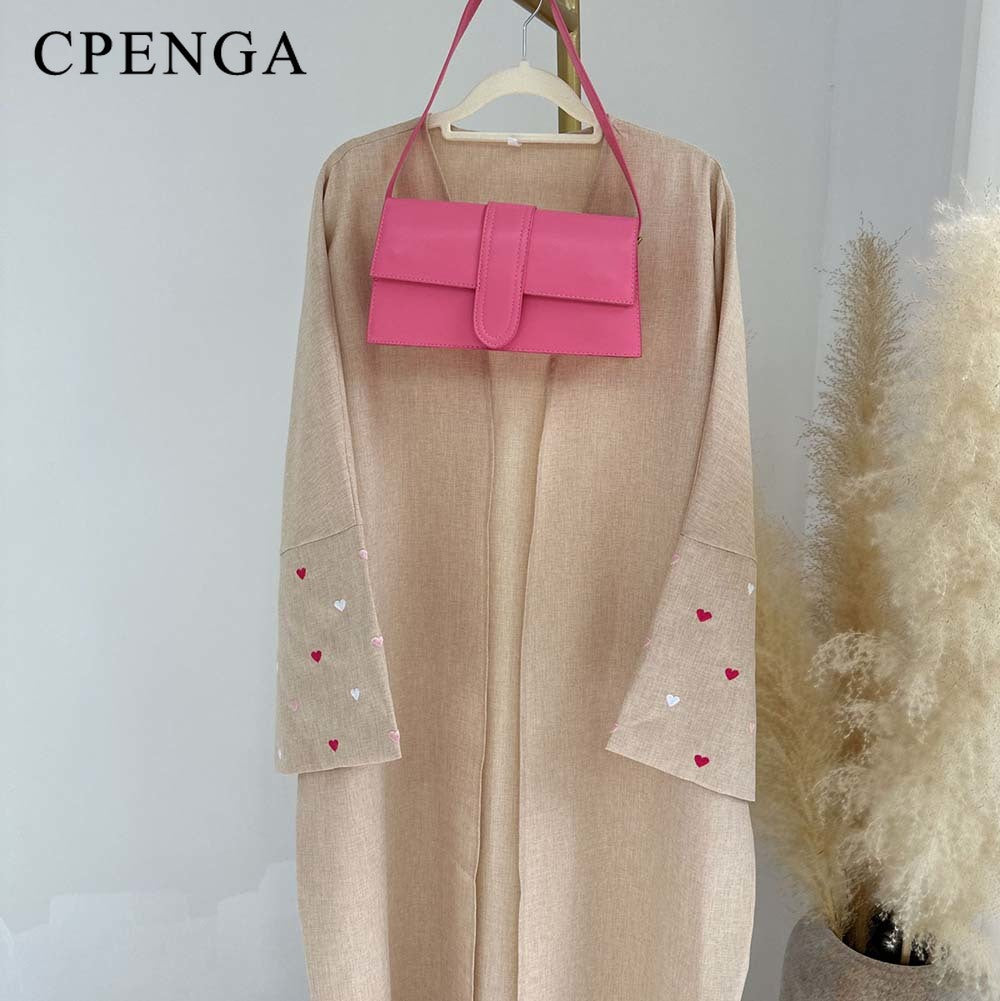Fashion Love Embroidery Open Abaya for Women Dubai 2024 New Plain Kimono Muslim image 2