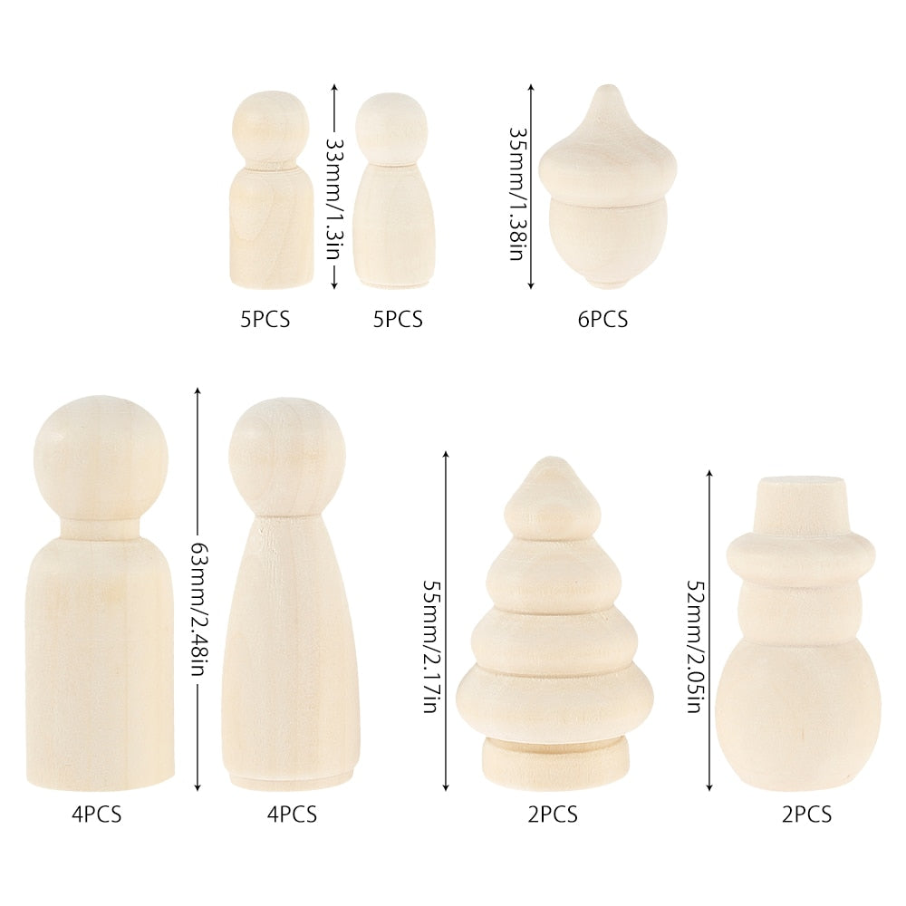 28PCS 35mm 55mm 63mm Wooden Peg Dolls Hardwood Natural Unfinished Boy Girl Wood image 4
