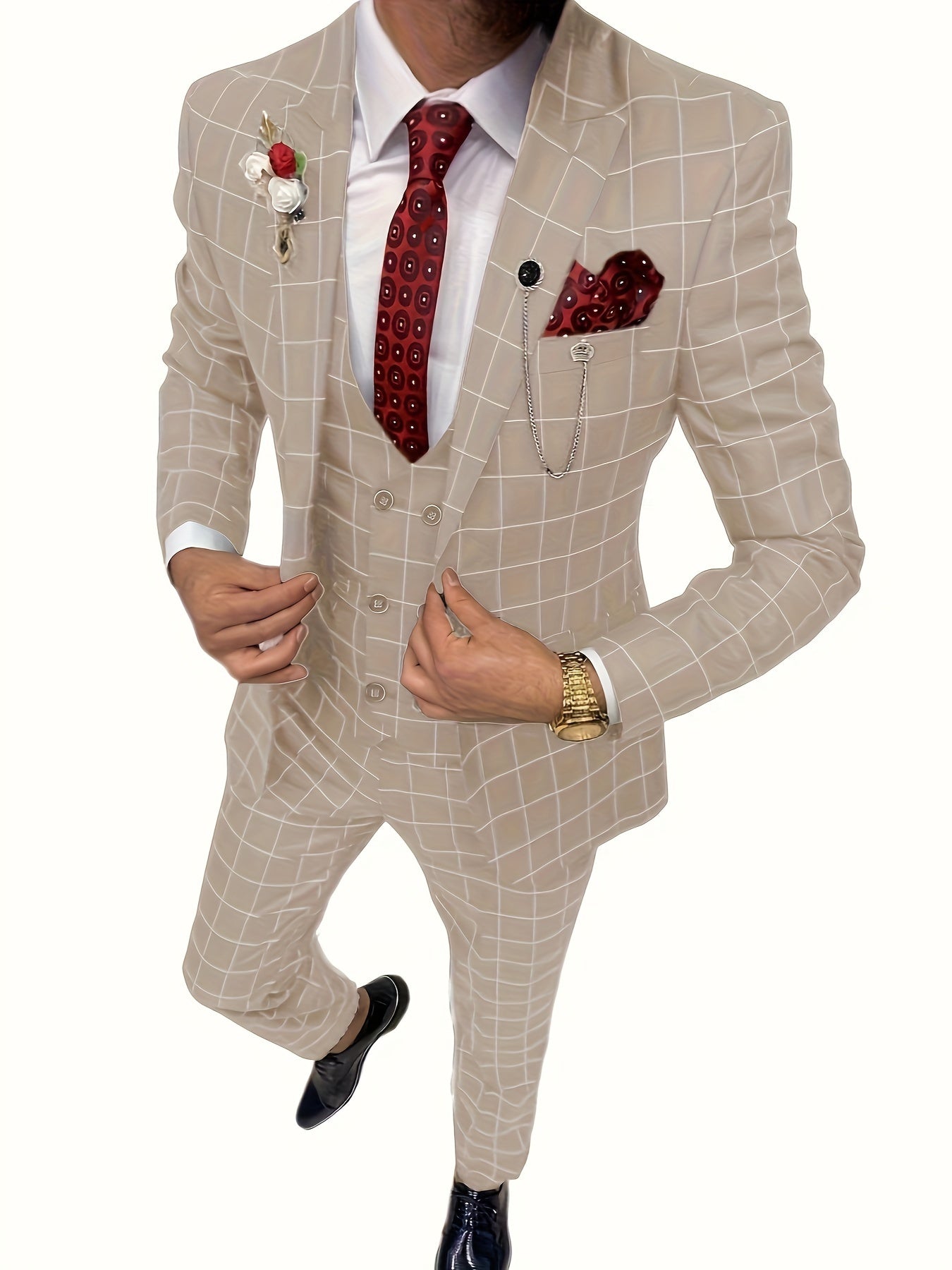 Elegant Men's Suit 3 Pieces Plaid Tuxedos Business Suits Slim Fit Double Breast image 2