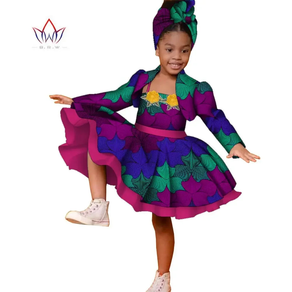 3pcs Set African Kids Gril Dashiki Dress Coat and Headtie Suits Africa Print Pa image 4