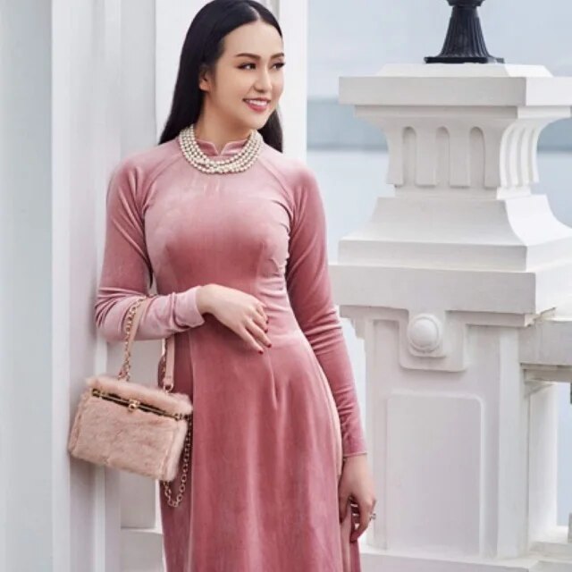 Customized Velvet Women Aodai Vetnam Clothing Long Cheongsam Aodai Vietnamese image 3
