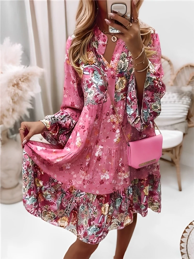 Women Floral Print Dress 2023 Summer Solid Casual V Neck Ruffles Boho Casual Dr image 4