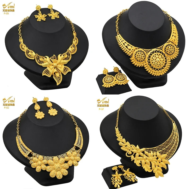 Indian Gold Plated Jewelry Set For Women African Bridal 24K Gold Color Necklace image 4