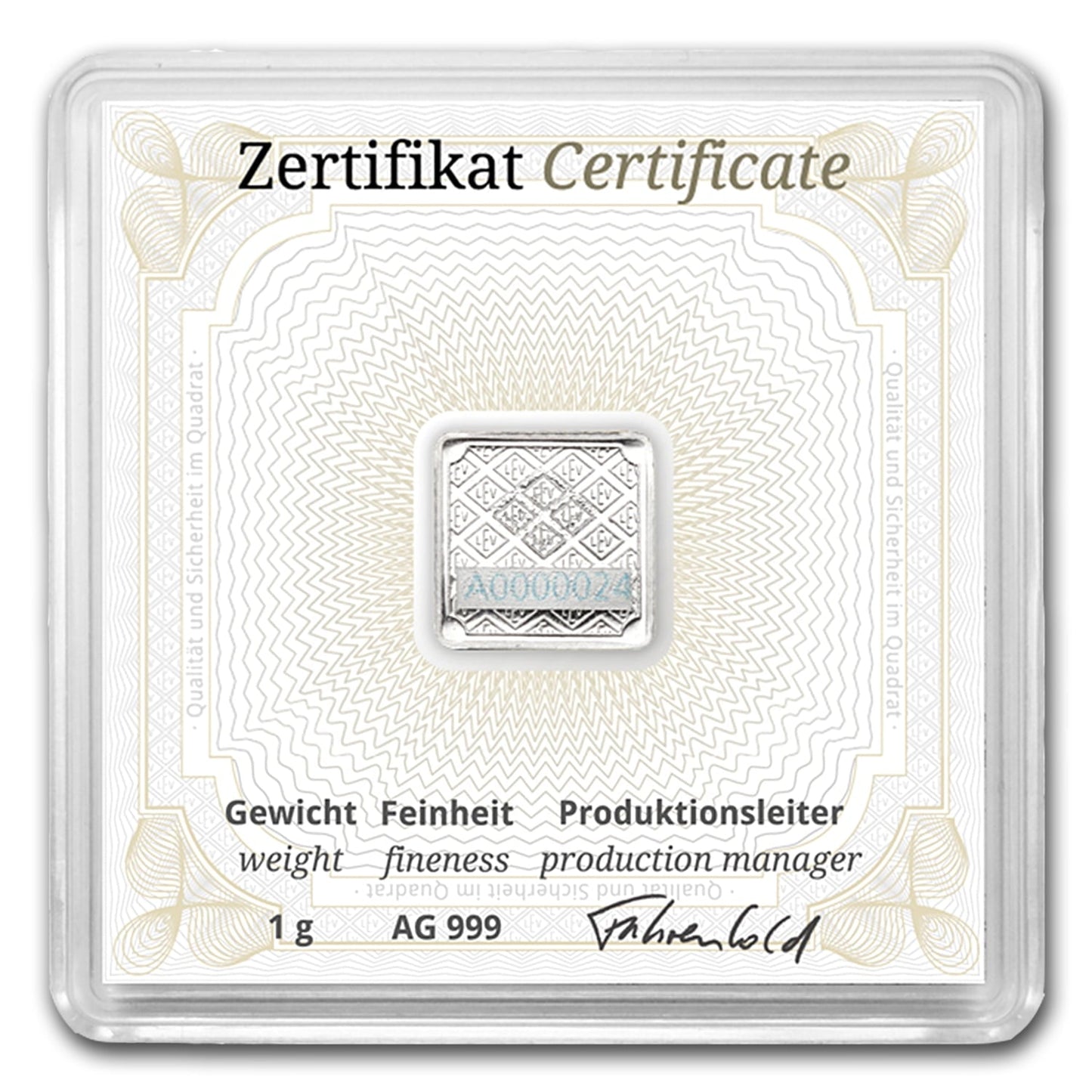 1 gram Silver Square - Geiger Edelmetalle (Encapsulated w/Assay) image 1