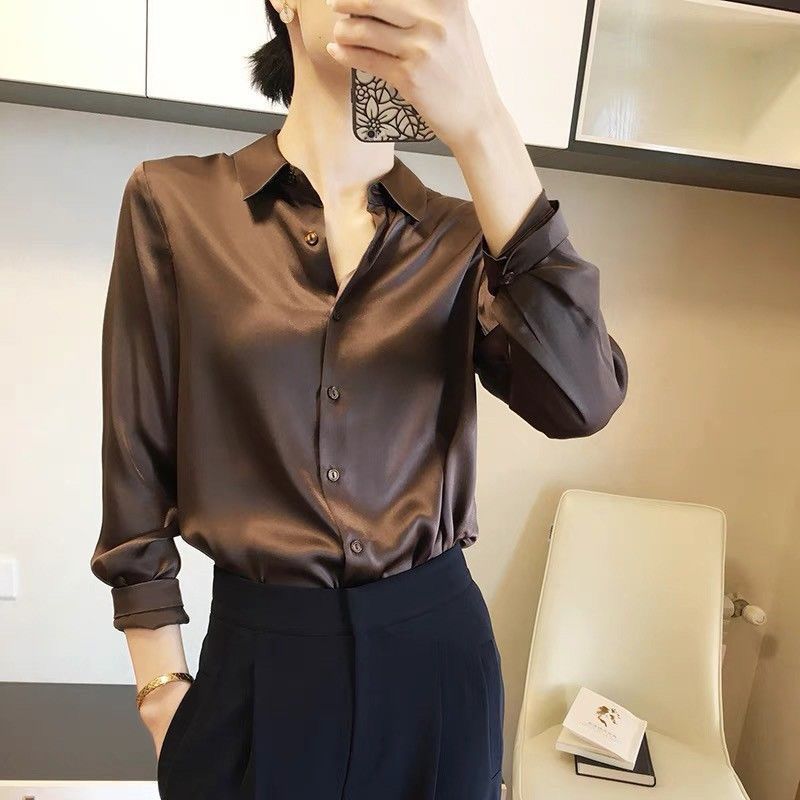 All-match Satin Finish Shirts And Blouses Women Clothing Casual Top OL Long Sle image 8