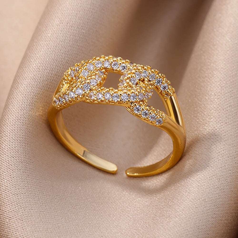 Fashion Gold Color Stainless Steel Rings For Women Chain Hollow Out Crystal Zir image 9