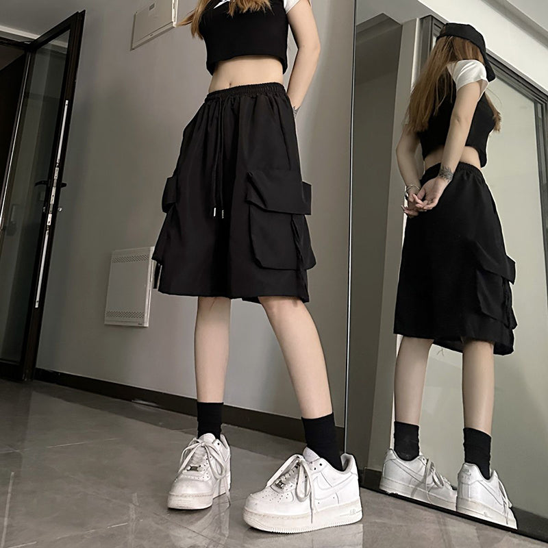 ZOKI Women High Waist Cargo Shorts American Style Streetwear Summer Wide Leg Pa image 7