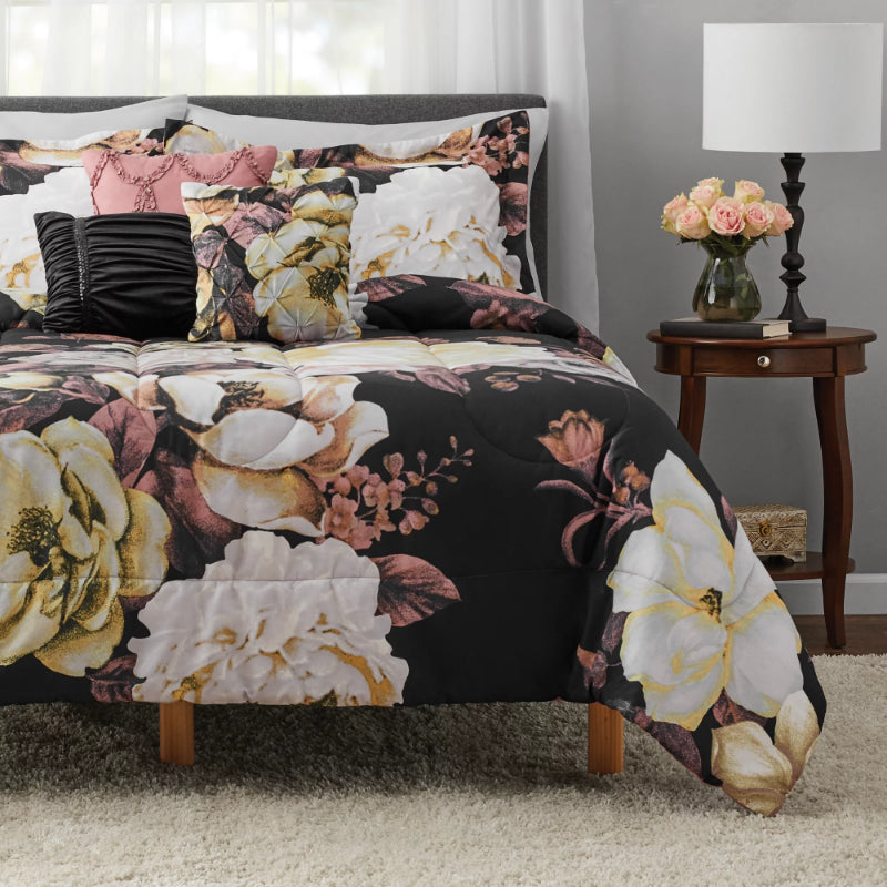 Mainstays Black Floral 10 Piece Bed in a Bag Comforter Bedding Set With Sheets image 1