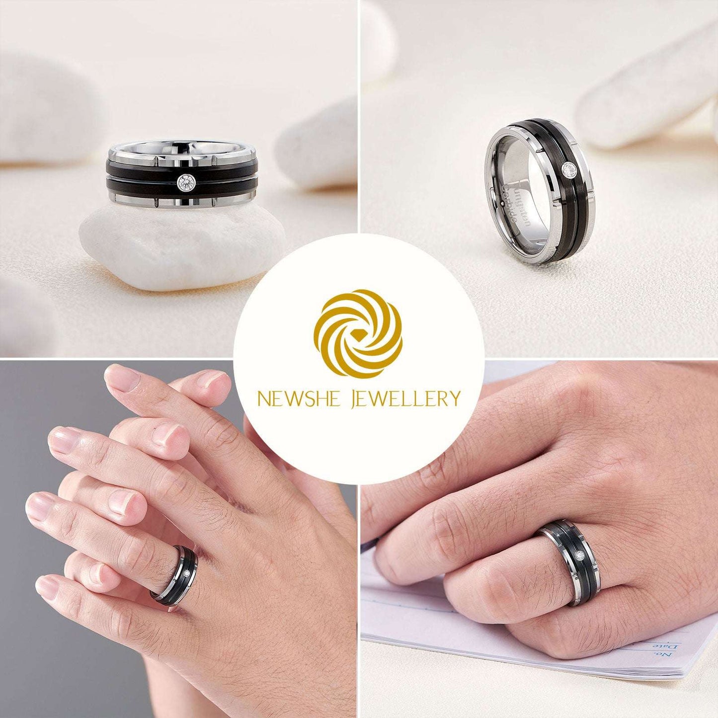 Newshe Black/ Rose/White Gold Color Men's Wedding Band 8mm Matte Brushed Tungst image 5