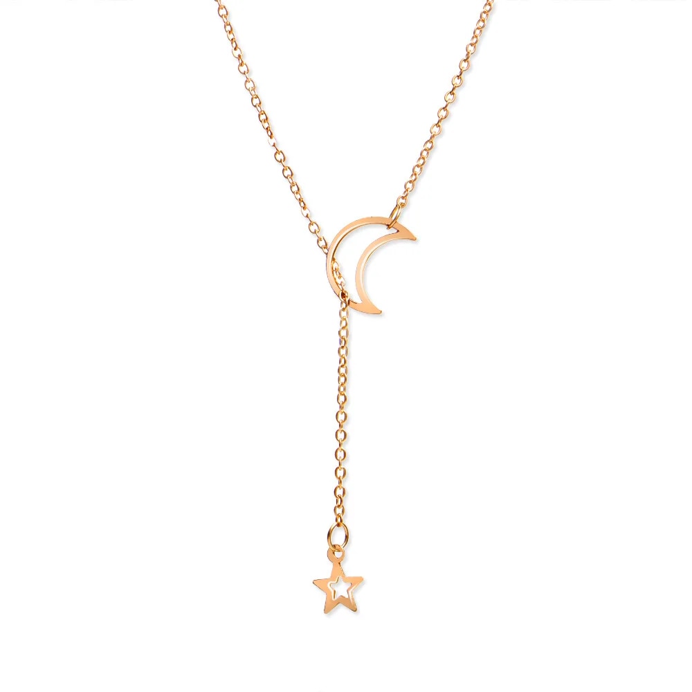 New Simple Moon Star Pendant Choker Necklace Simple Gold Color Alloy Charm Chai image 3