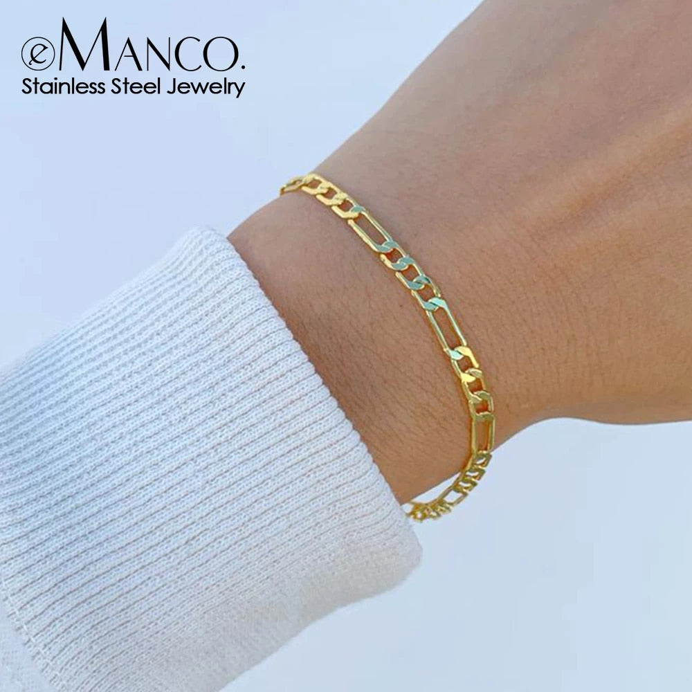 eManco 4/6/8MM Figaro Stainless Steel Link Chain Bracelet Gold Color Charm Brac image 0