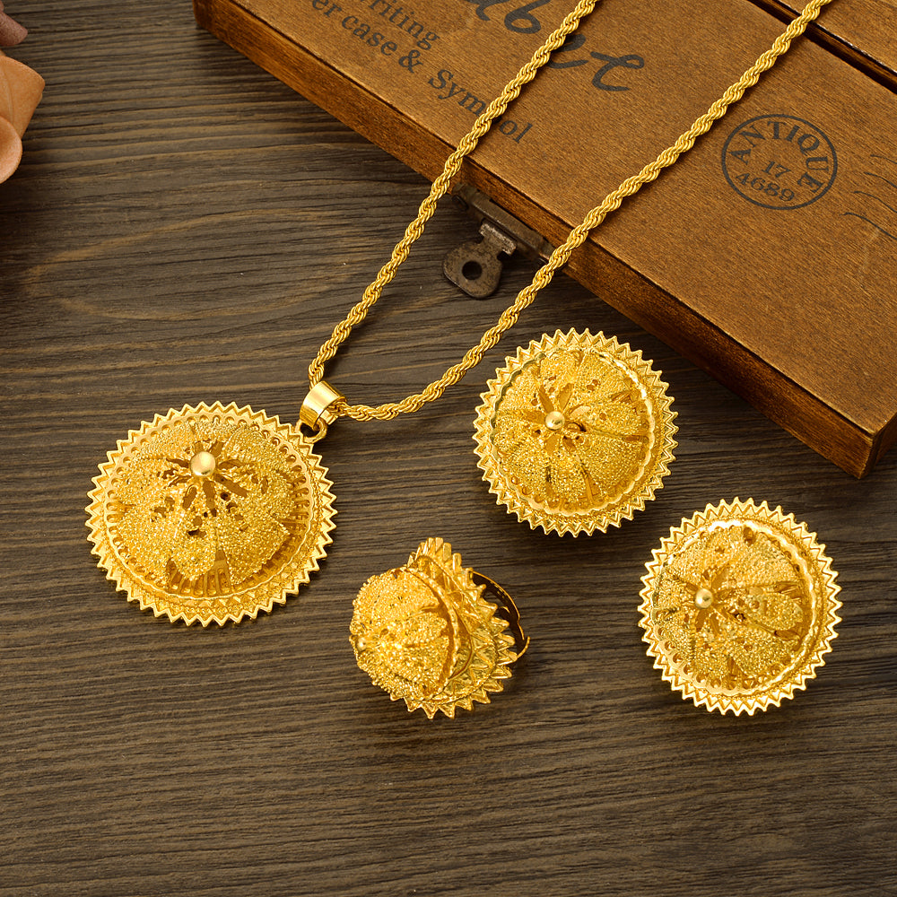 Ethiopian Geometry Round Fower Pendant Earrings Jewelry Sets Gold Color African image 3
