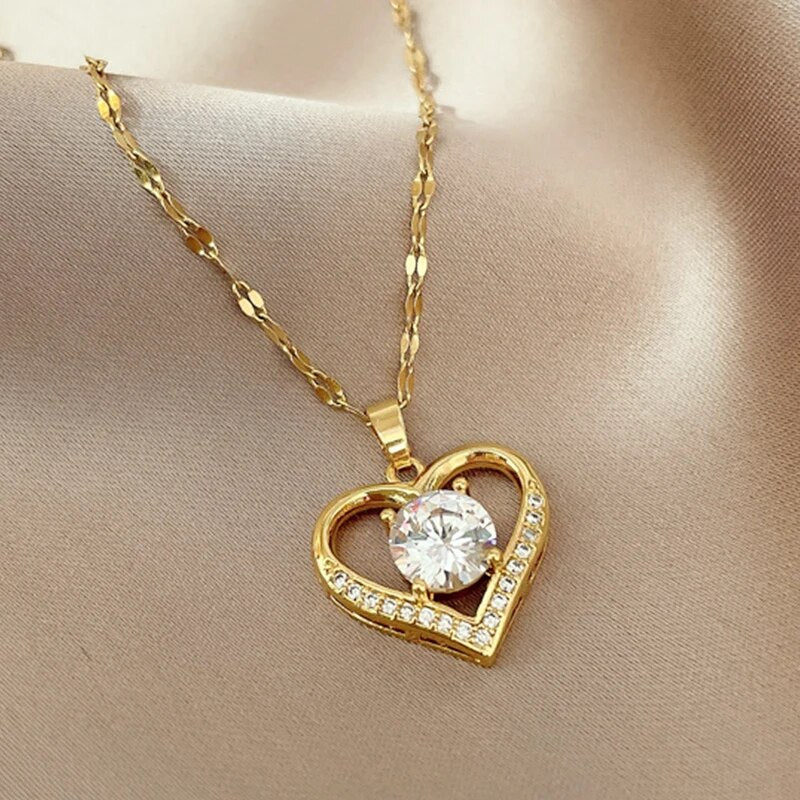 Artificial Gems Heart Pendant Necklace for women 2022 Golden Stainless Steel Li image 4