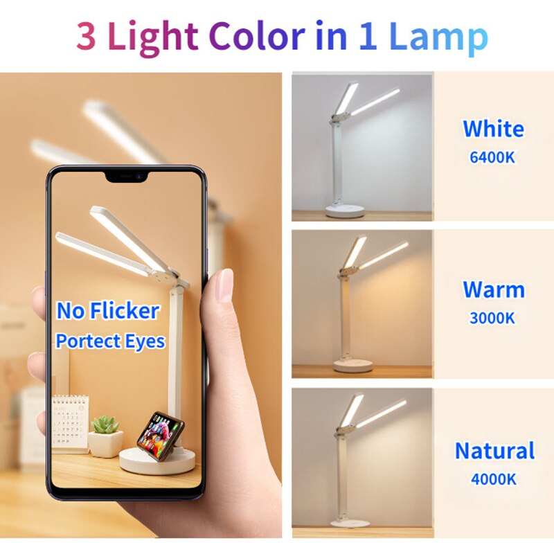 LED Clock Table Lamp USB Chargeable Dimmable Desk Lamps 2 Heads 180 Rotate Fold image 4