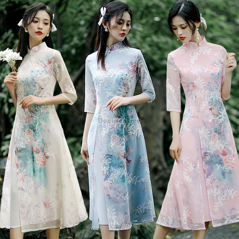 Summer chiffon ao dai elegant dress qipao oriental printing dress qipao vietnam image 1