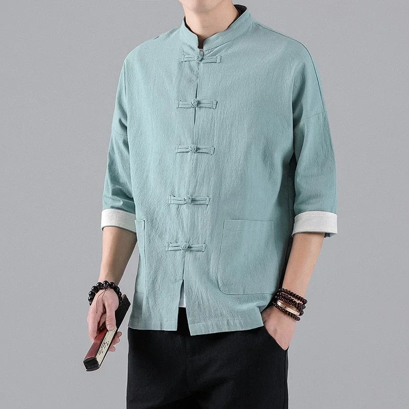 2022 New Chinese Style Mens Tops Tang Suit Linen Half Sleeve Solid Traditional image 8