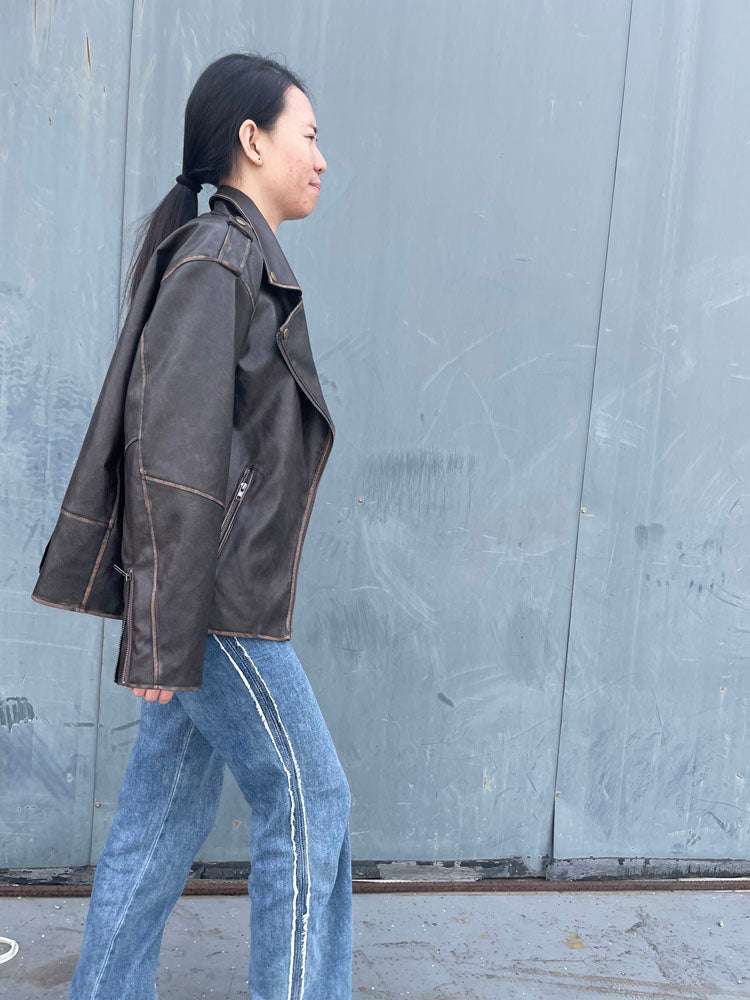 RR2478 Streetwear Worn Effect Bike Leather Jackets For Women Oversized Boyfrien image 4