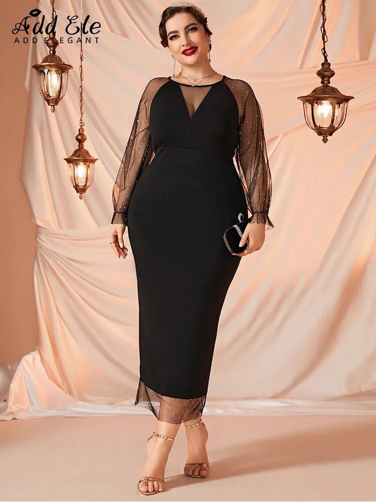 Add Elegant Plus Size Women's Dresses Petal Sleeve Neckline Paneled Sheer Mesh image 1