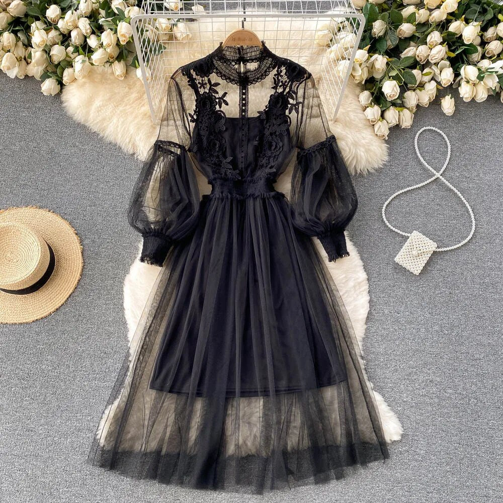Women Evening Dress Three-dimensional Decoration Floral Mesh Stand Collar Lante image 6