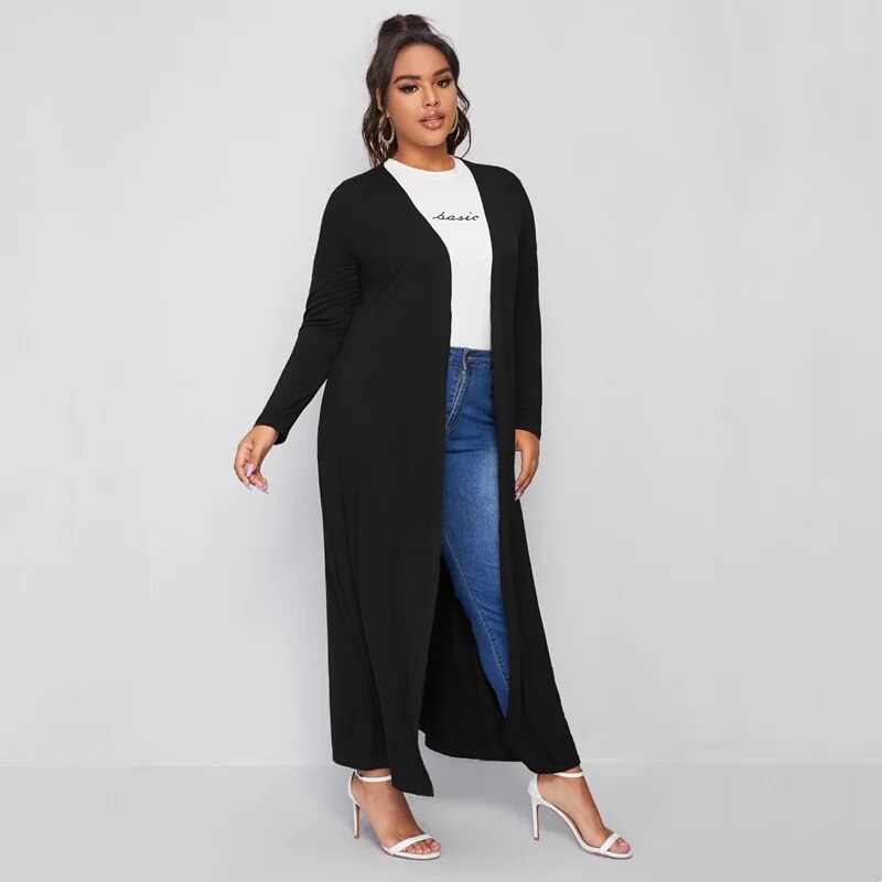 Plus Size Spring Elegant Maxi Cardigan Women Long Sleeve Open Front Loose Black image 4