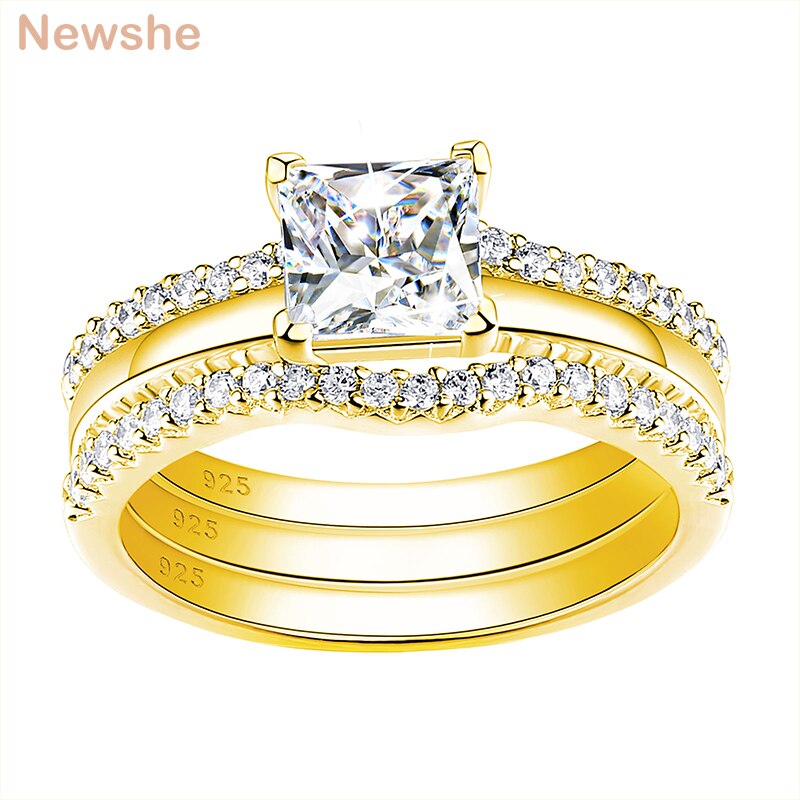 Newshe Silver & Yellow Rose Gold 925 Sterling Silver Princess Cut CZ Wedding image 1
