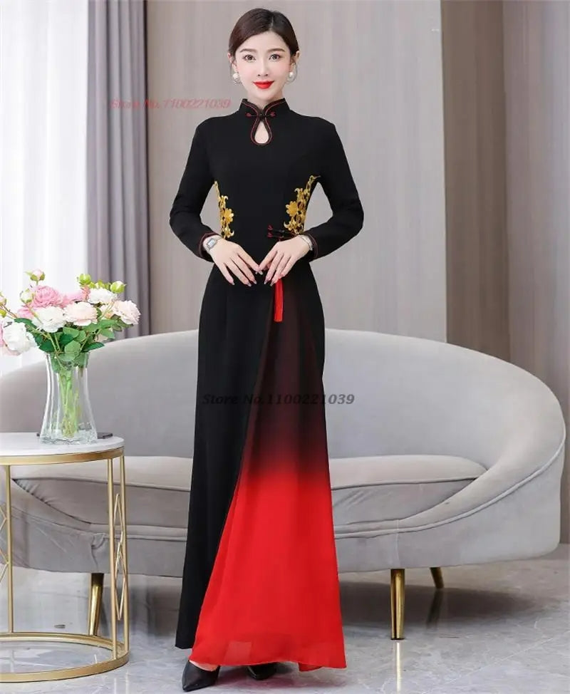 2024 vietnam traditional dress aodai chinese improved qipao national flower emb image 7