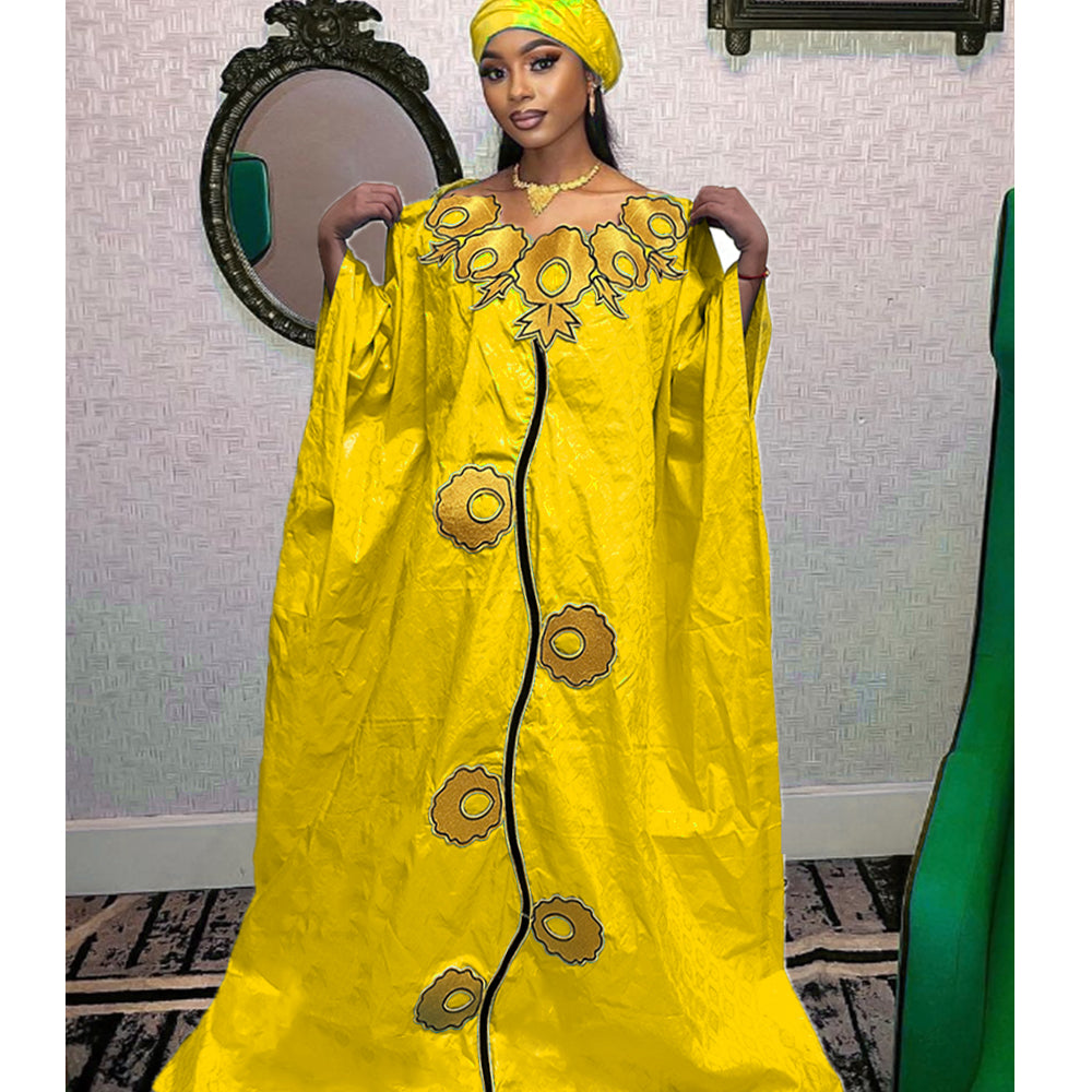 High Quality African Women Bazin Riche Dresses With Headscarf Embroid Stone Nig image 6