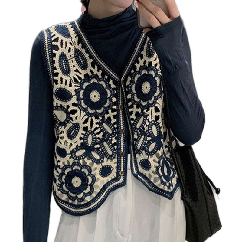 Women Spring Crochet Sleeveless Sweater Vest Waistcoat V-Neck Button Down Hollo image 2