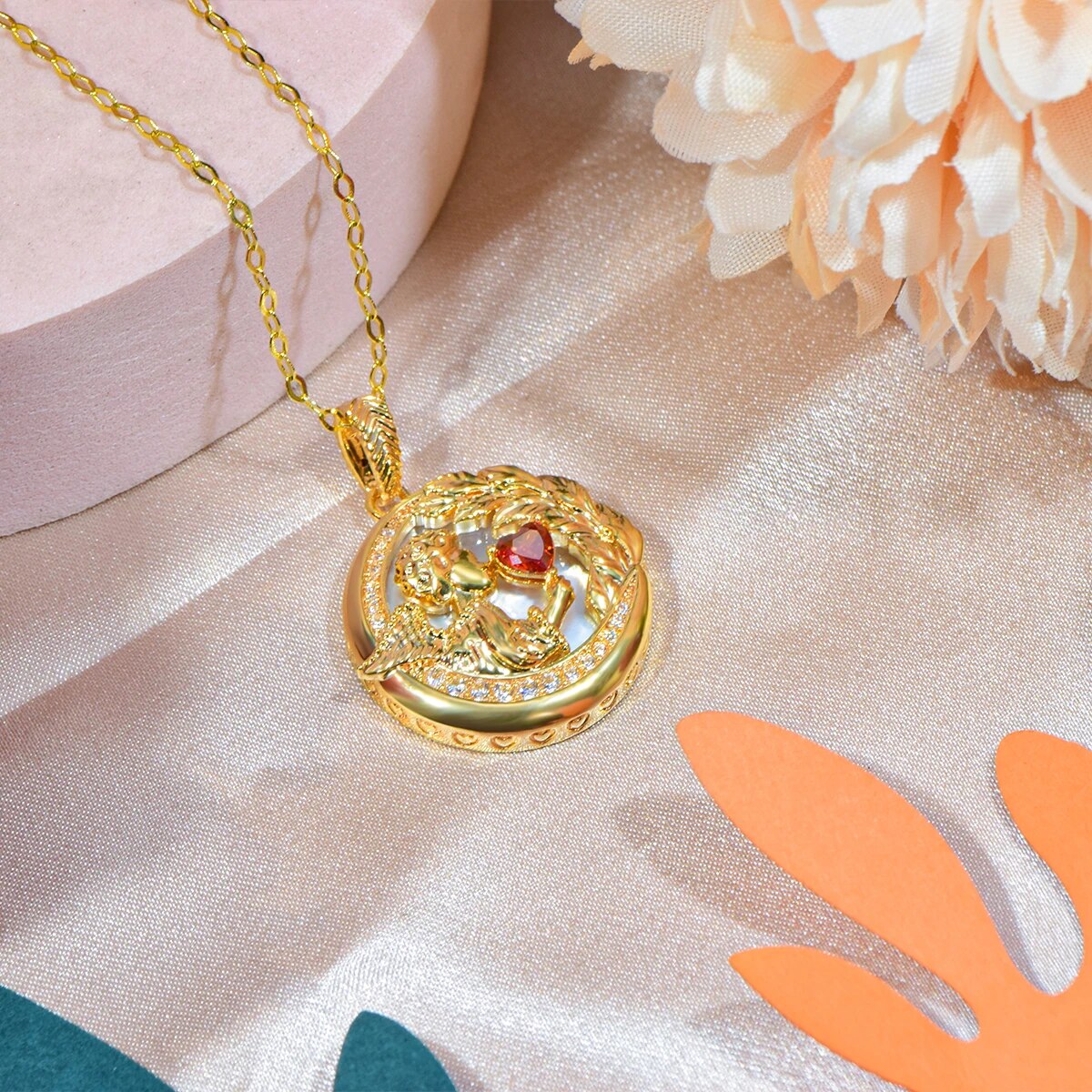 18k Gold Pendant Au750 Heart Shaped Zircon Round Angel Pendant Pendants for Wom image 1