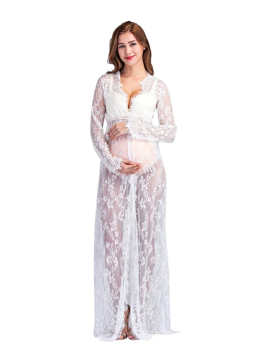 Women Front Split Long Maxi Maternity Lace Dress Pregnant Gown Photography Prop image 6