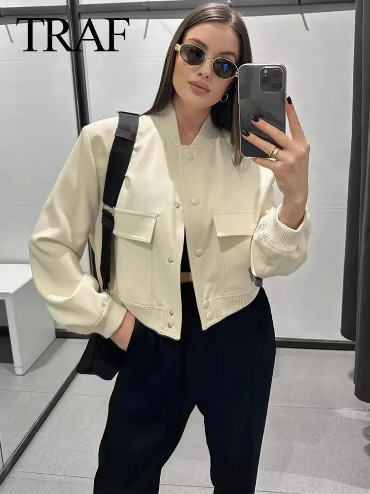 TRAF Vintage Solid Long Sleeve Bomber Jacket Spring Women Casual Coats Streetwe image 6