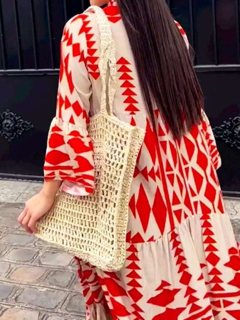 Elegant Summer Maxi Dress Women 2023 Casual Streetwear Vintage Geometric V Nec image 6