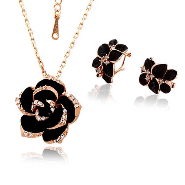 Fashion Rose Flower Enamel Jewelry Set Rose Gold Color Black Bridal Jewelry Set image 2