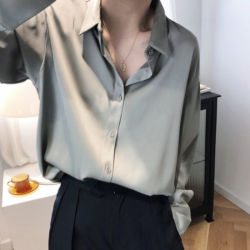 All-match Satin Finish Shirts And Blouses Women Clothing Casual Top OL Long Sle image 5