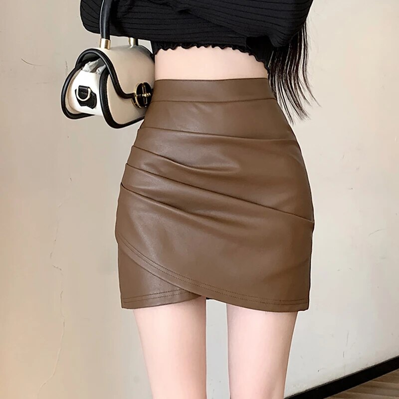 High Waist Slim Leather Mini Skirt For Women 2023 Autumn Casual Cute Irregular image 1