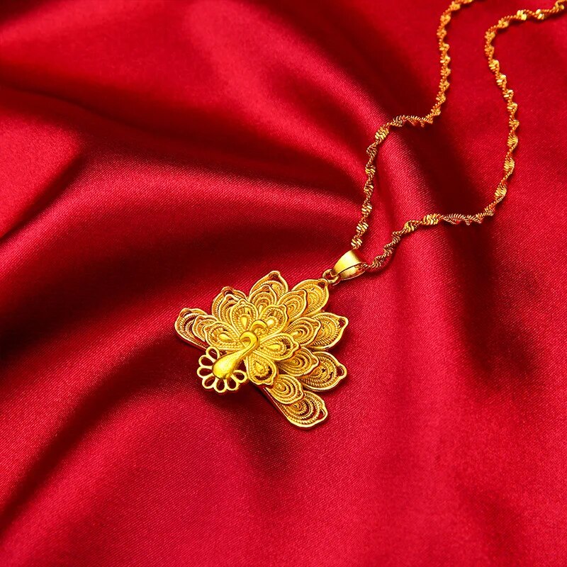 Charm Necklaces For Women 24K Yellow Gold Color Peacock Pendant Necklace Chain image 2