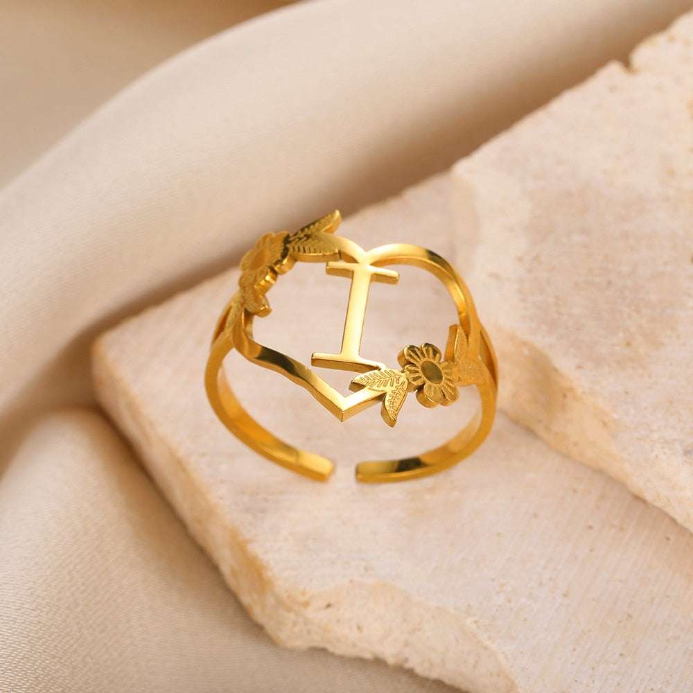 Stainless Steel Initials Flower Heart Rings Gold Color Adjustable Delicate Lett image 9